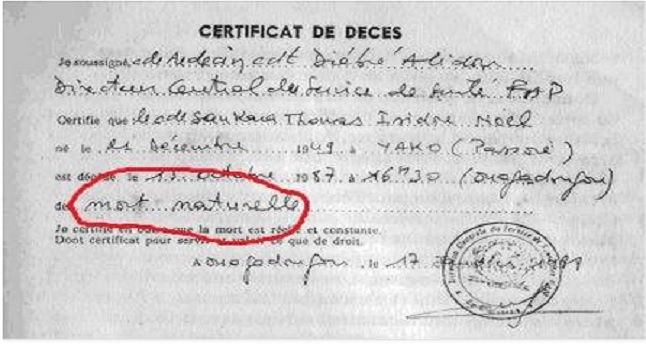 Certificat de decès de Thomas sankara